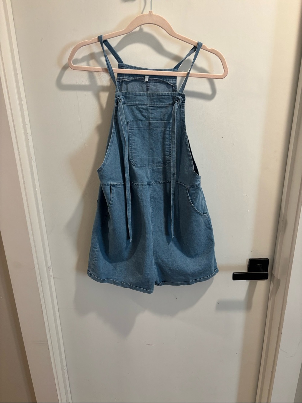 Denim Short Overalls Romper in Light Blue